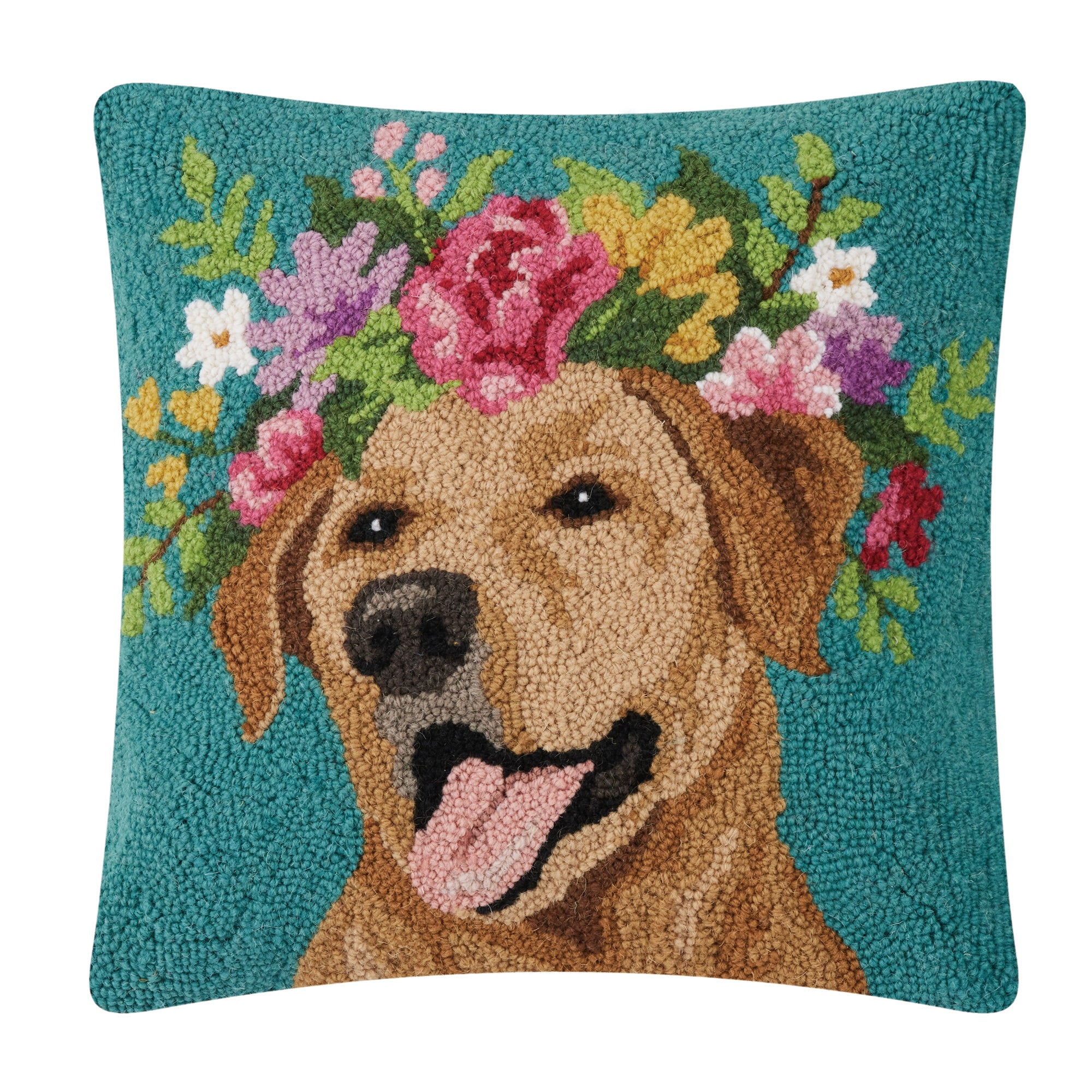 Floral Yellow Lab Hooked Wool Throw Pillow, 18x18 inch, front view