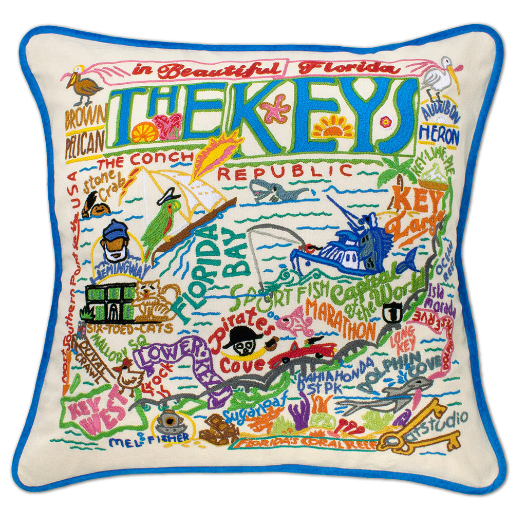 Florida Keys Sunset embroidered throw pillow with sunset imagery.