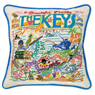 Florida Keys Sunset hand-embroidered throw pillow showcasing iconic landmarks