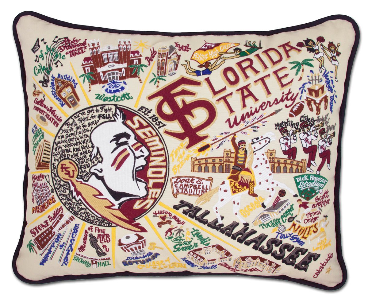 Florida State University Seminoles hand-embroidered throw pillow featuring school colors and mascot imagery
