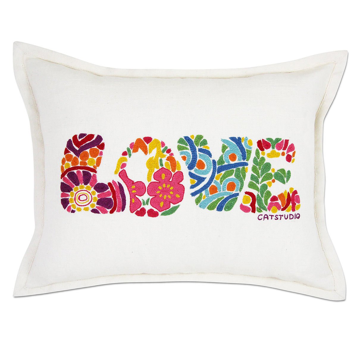 Flower Power Bright Love hand-embroidered throw pillow with botanical floral design