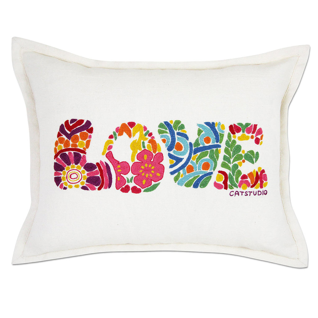 Flower Power Bright Love Letters hand embroidered throw pillow with colorful design.