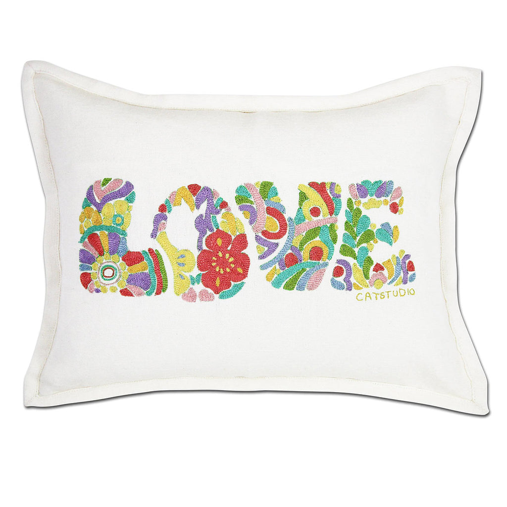 Flower Power Pastel Love Letters hand embroidered throw pillow with pastel colors.
