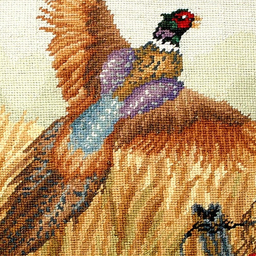 Flying Pheasant Bird Wildlife Lodge pillow fabric closeup showing hand-embroidered needlepoint wool texture and color detail