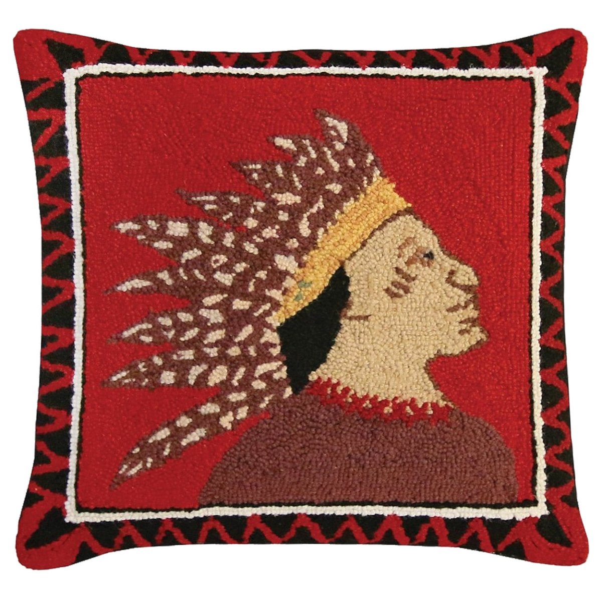Folk Art Native American Chief hooked wool throw pillow with artisan decorative design
