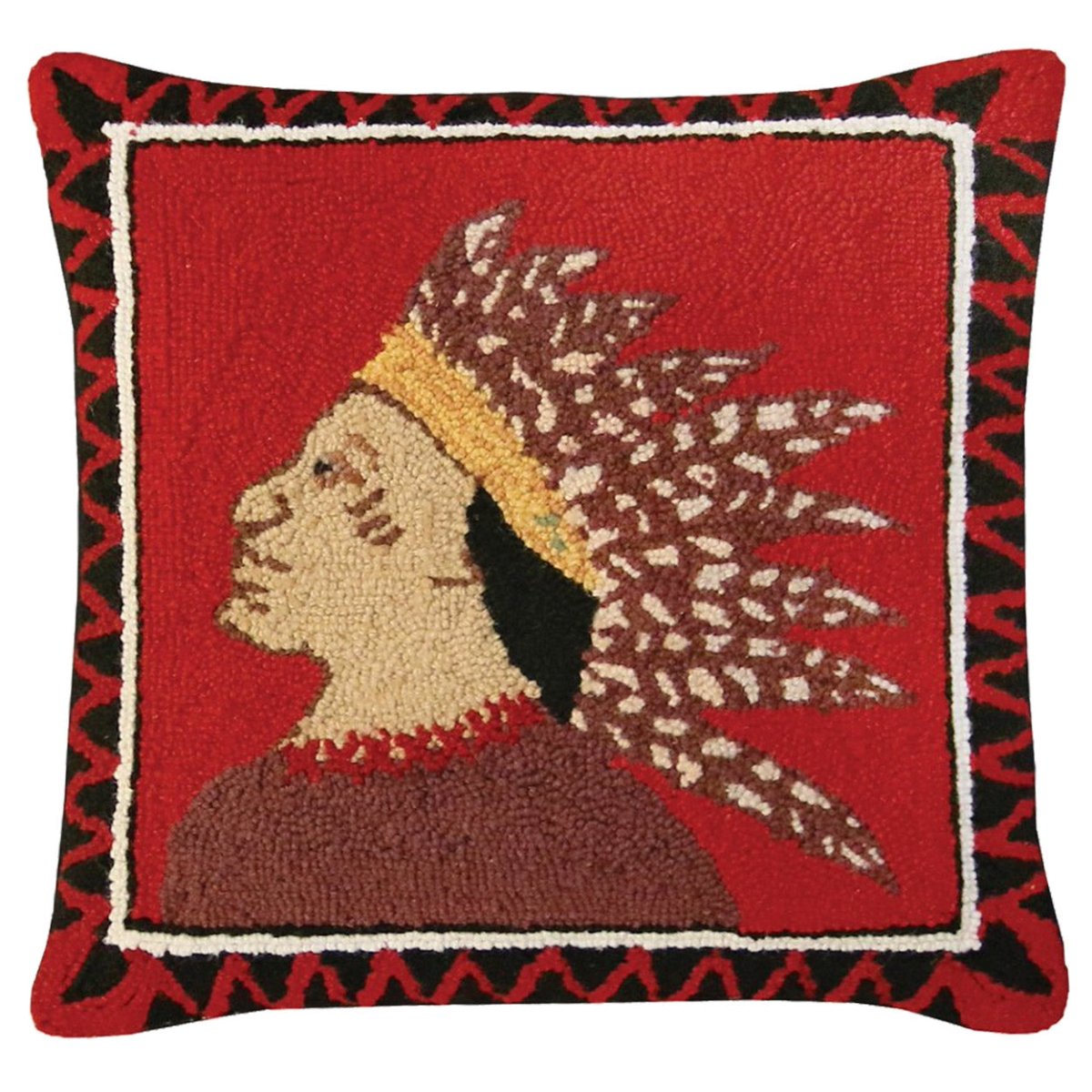 Folk Art Native American hooked wool throw pillow with artisan decorative design