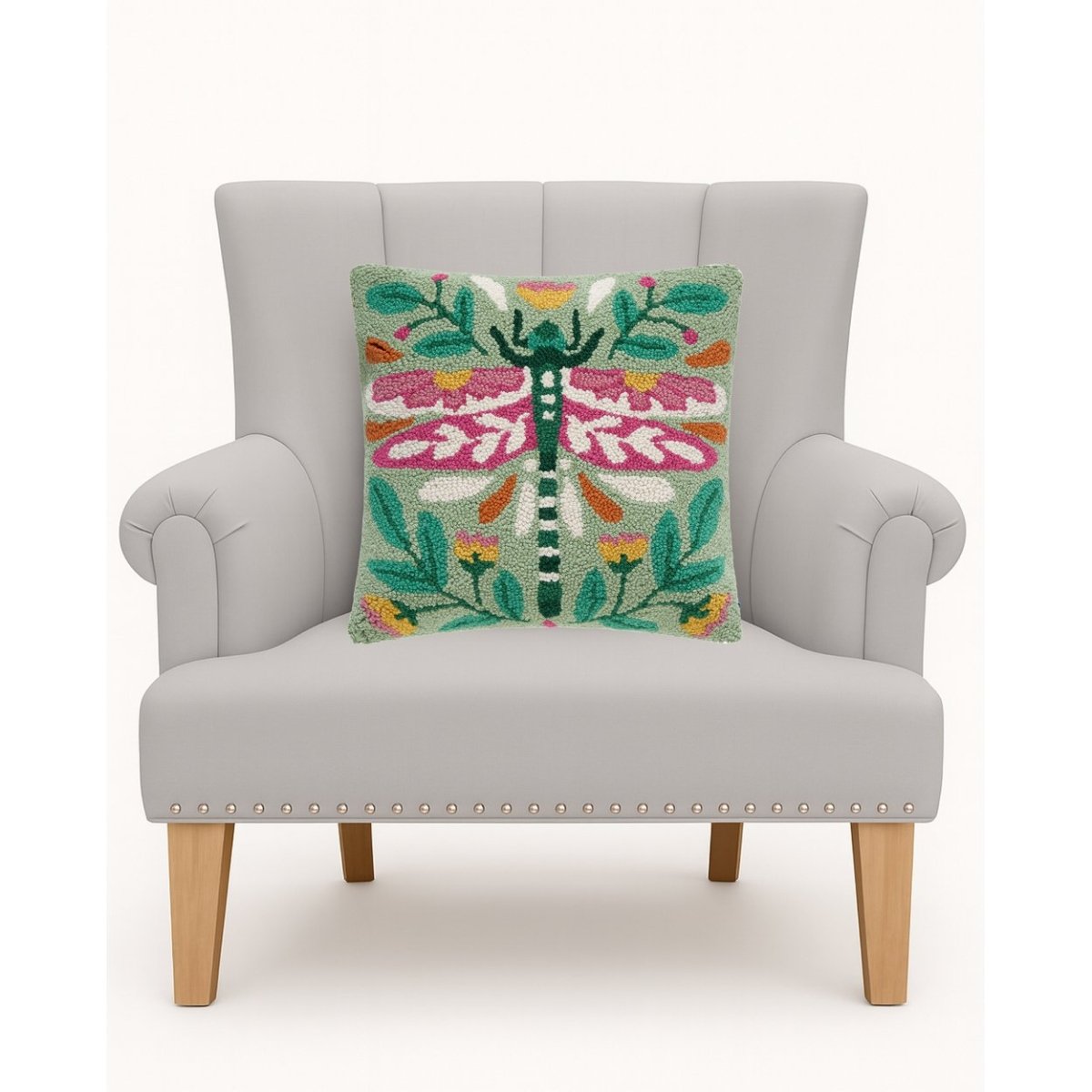 Folk Dragonfly Botanical Wool Hooked Throw Pillow, styled lifestyle view