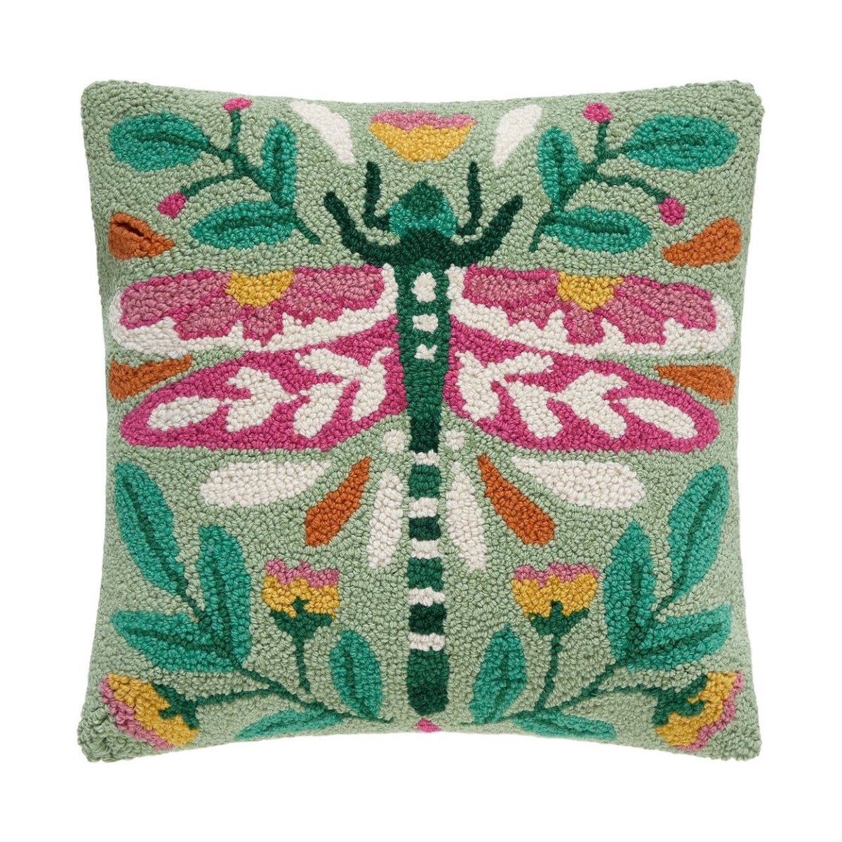 Folk Dragonfly Botanical Wool Hooked Throw Pillow, 16x16 inch, front view