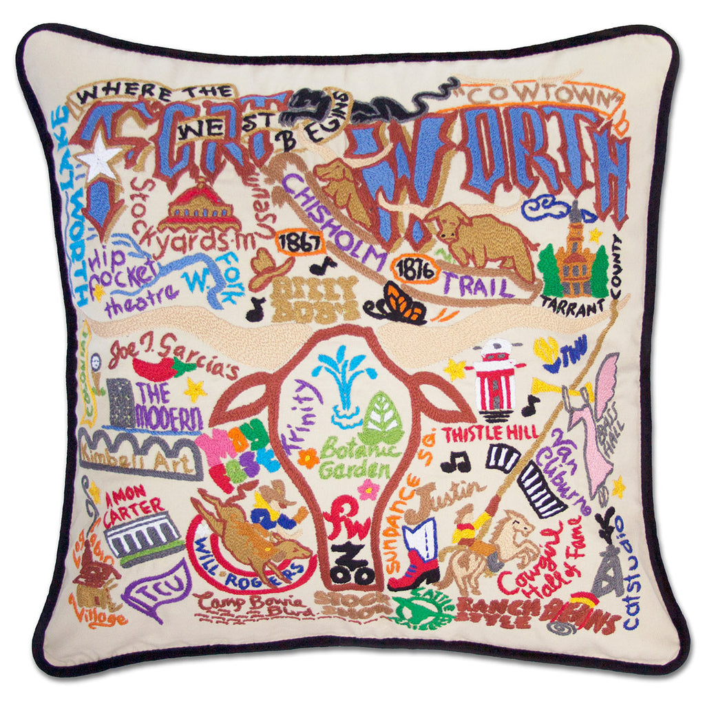 Fort Worth, TX Cowboy City embroidered throw pillow with western imagery.