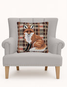 Fox Tartan Hooked Wool Throw Pillow on an armchair, showing the throw pillow at room scale, 18x18 inch
