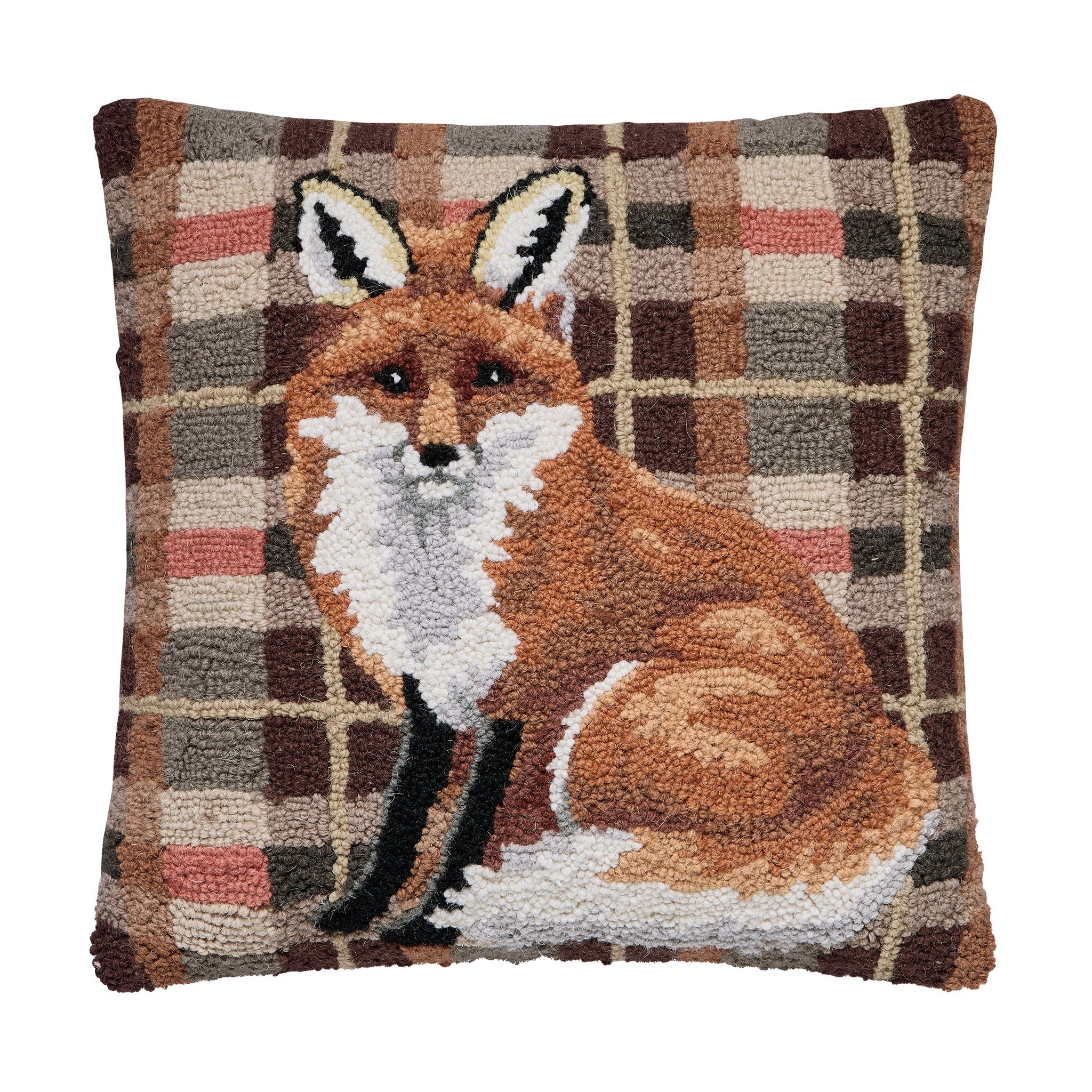 Fox Tartan Hooked Wool Throw Pillow, 18x18 inch, front view