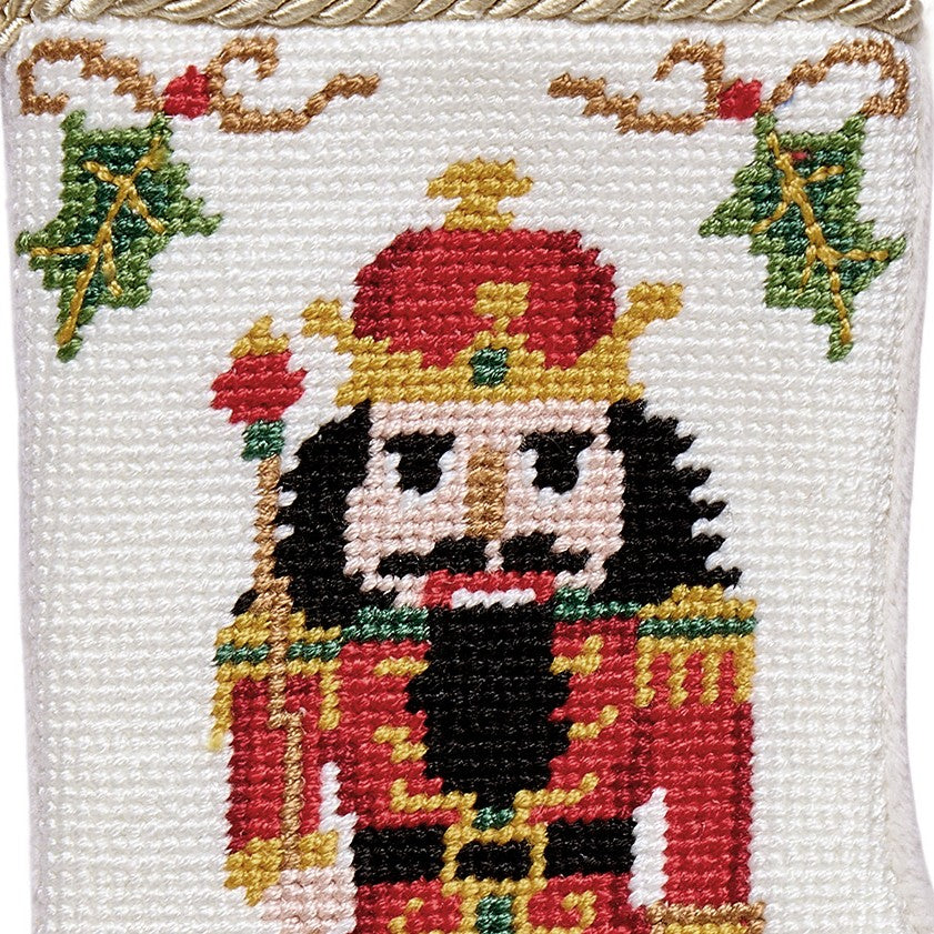 Full Figure Nutcracker Mini Embroidered Needlepoint Christmas Stocking, close-up detail