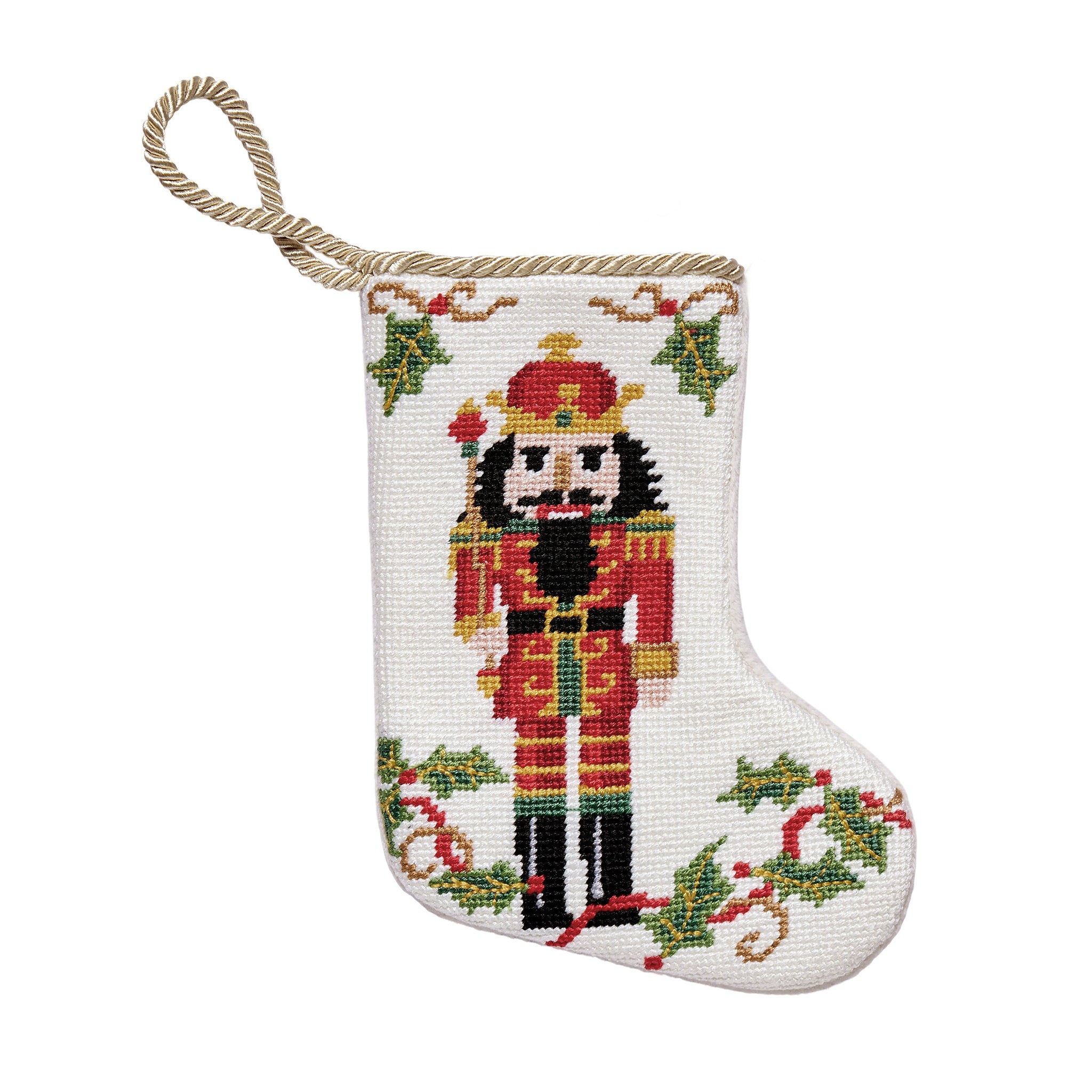 Full Figure Nutcracker Mini Embroidered Needlepoint Christmas Stocking, 6x4 inch, front view