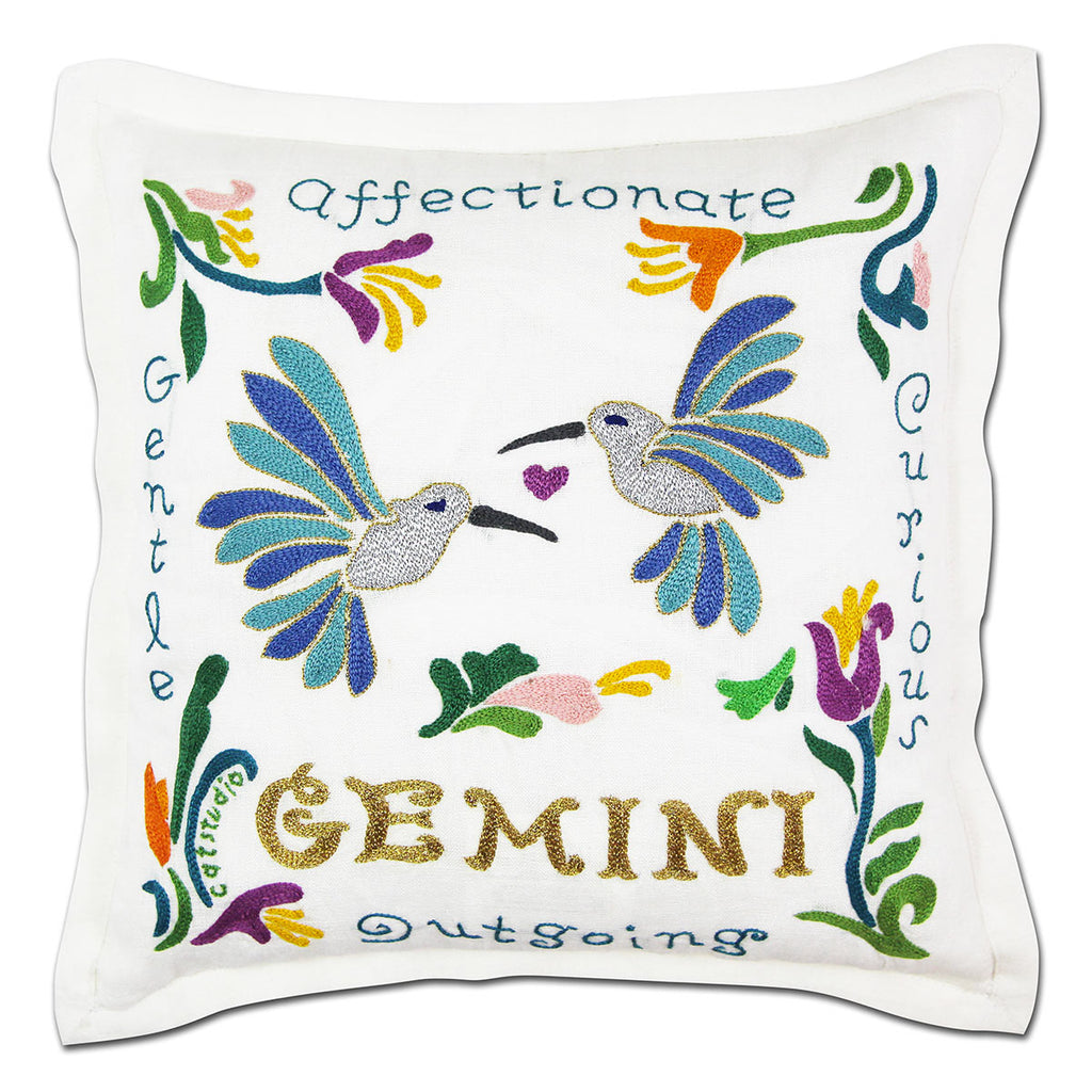 Gemini Air Sign Astrology embroidered throw pillow with zodiac sign.