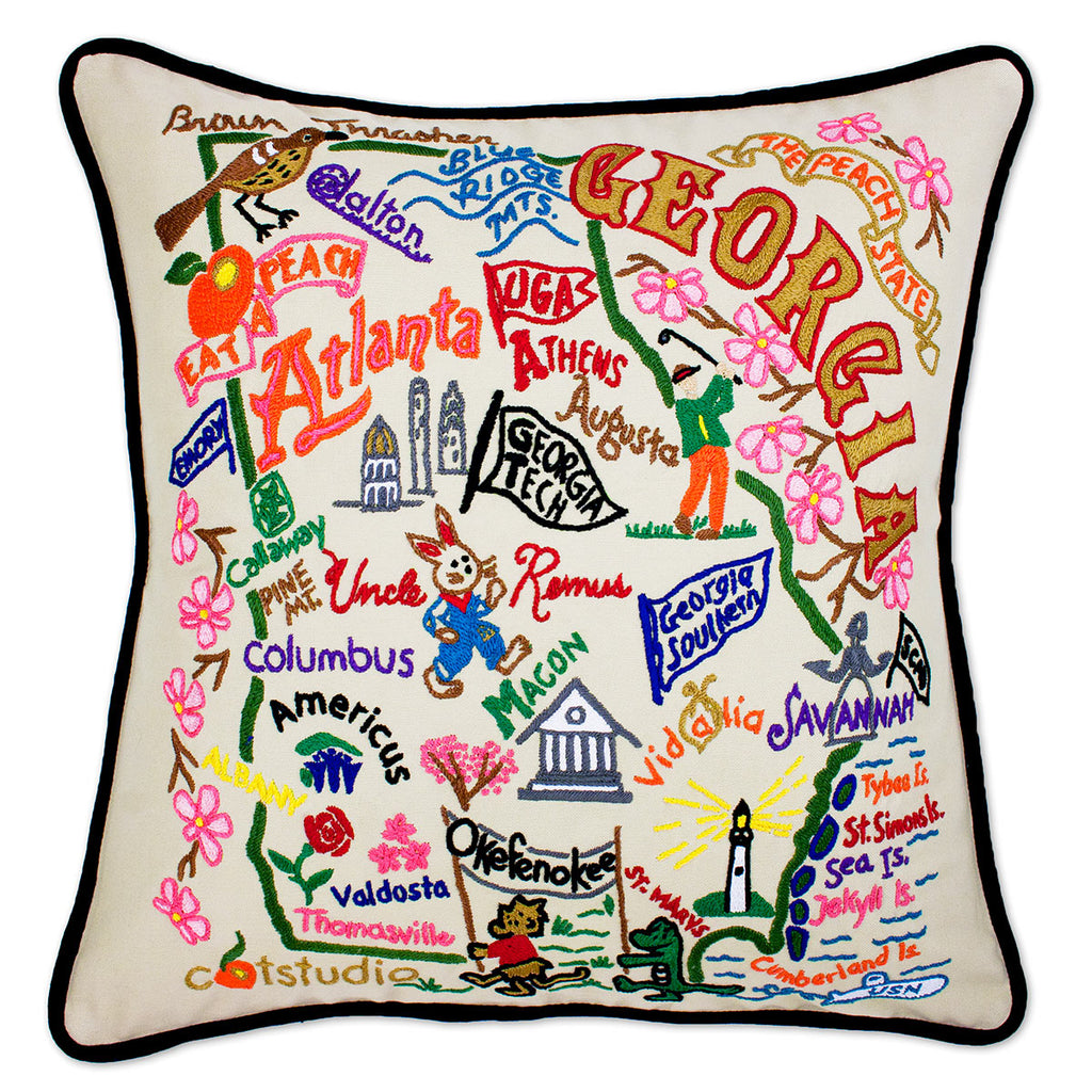 Georgia State Peach embroidered throw pillow with state fruit.