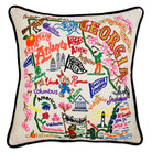 Georgia State Peach hand-embroidered throw pillow showcasing iconic landmarks
