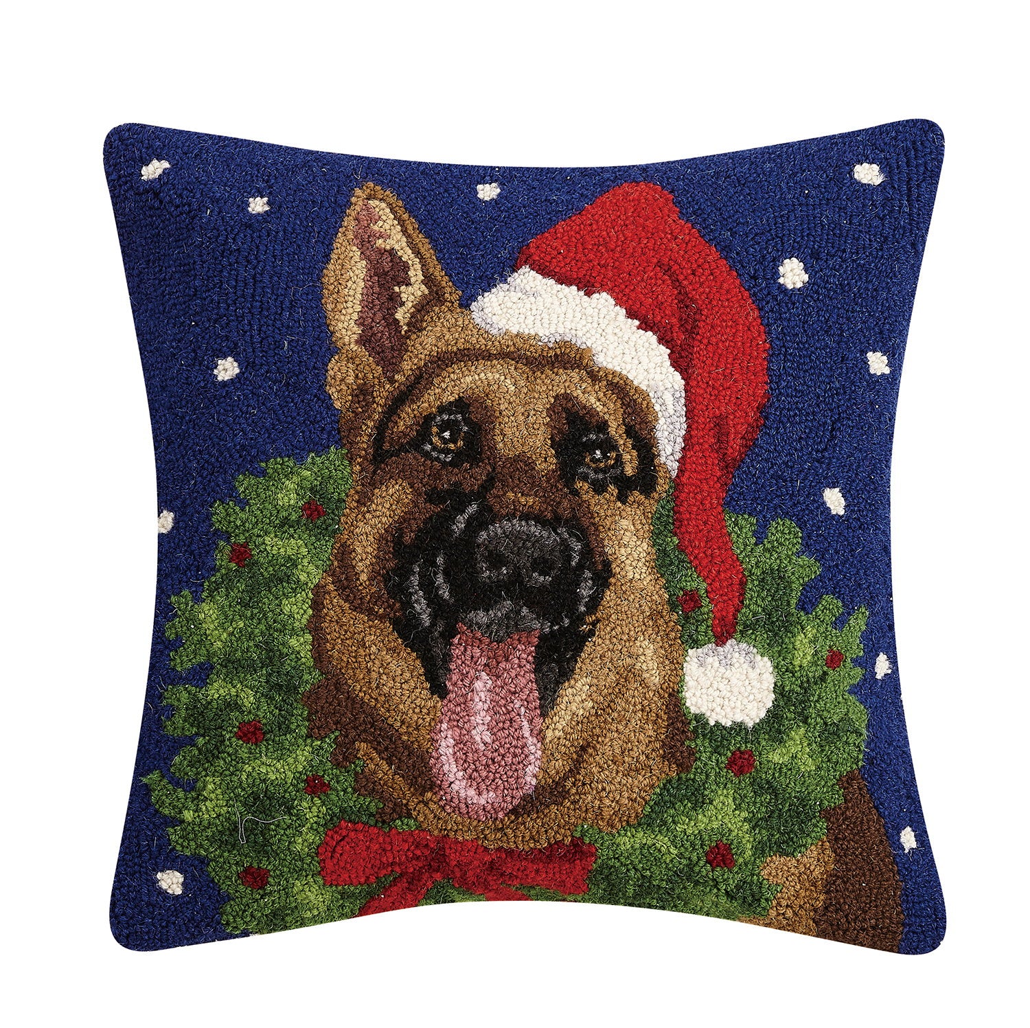 German Shepherd with Wreath Hooked Wool Christmas Throw Pillow, 18x18 inch, front view