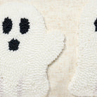 Ghost Trio on Flax Hooked Wool Halloween Throw Pillow, close-up detail