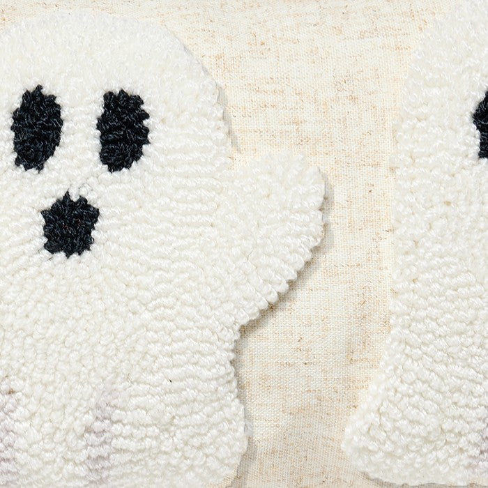 Ghost Trio on Flax Hooked Wool Halloween Throw Pillow, close-up detail