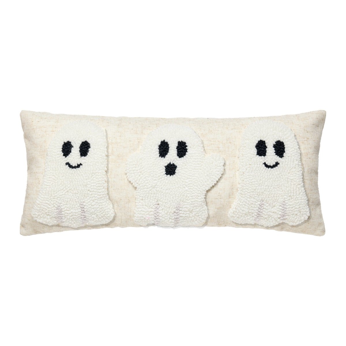 Ghost Trio on Flax Hooked Wool Halloween Throw Pillow, 8x20 inch, front view