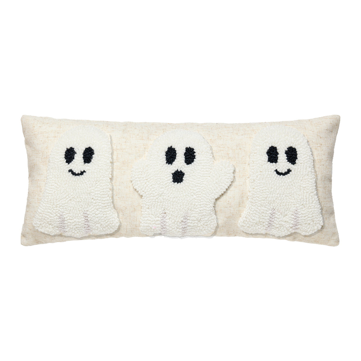 Ghost Trio on Flax Hooked Wool Halloween Throw Pillow, 8x20 inch, front view