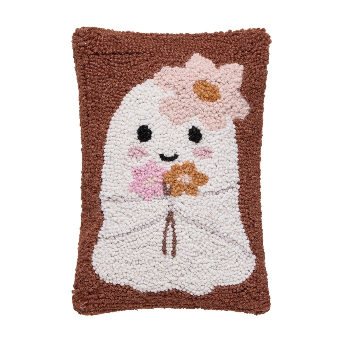 Ghost with Daisies Hooked Wool Halloween Throw Pillow, 8x12 inch, front view