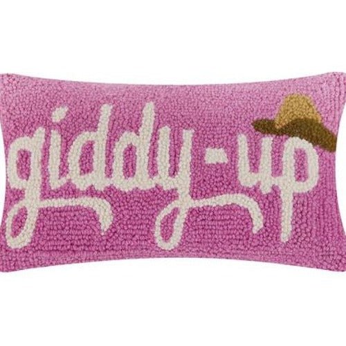 Giddy Up Hat Hooked Wool Throw Pillow, close-up detail