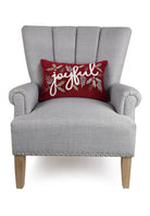 Gilded Joyful Embroidered Christmas Throw Pillow on an armchair, showing the throw pillow at room scale, 12x18 inch