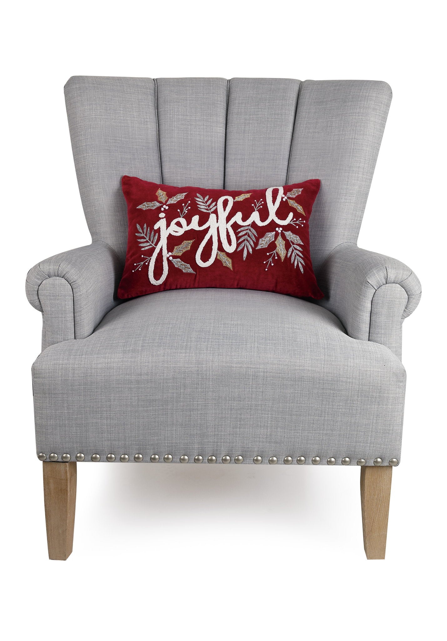 Gilded Joyful Embroidered Christmas Throw Pillow on an armchair, showing the throw pillow at room scale, 12x18 inch