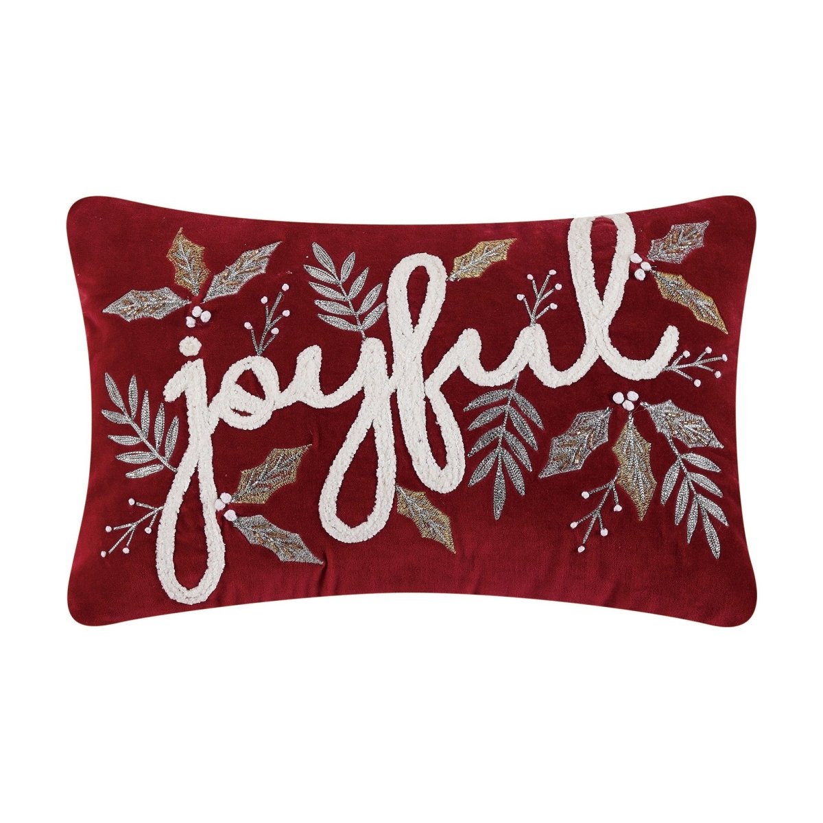 Gilded Joyful Embroidered Christmas Throw Pillow, 12x18 inch, front view