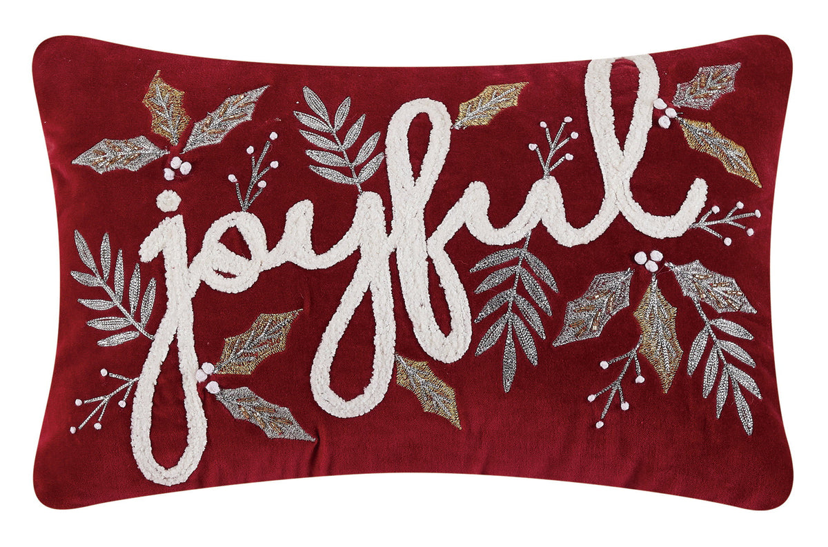 Gilded Joyful Embroidered Christmas Throw Pillow, 12x18 inch, front view