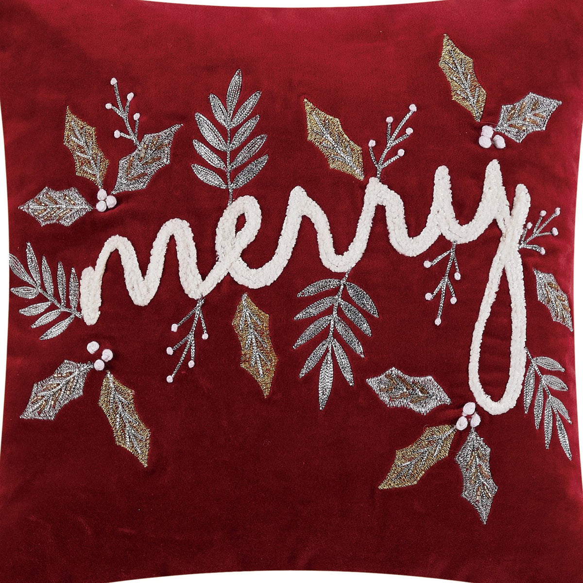 Gilded Merry Embroidered Christmas Throw Pillow, close-up detail