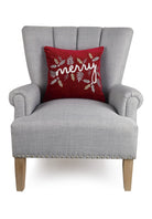 Gilded Merry Embroidered Christmas Throw Pillow on an armchair, showing the throw pillow at room scale, 16x16 inch