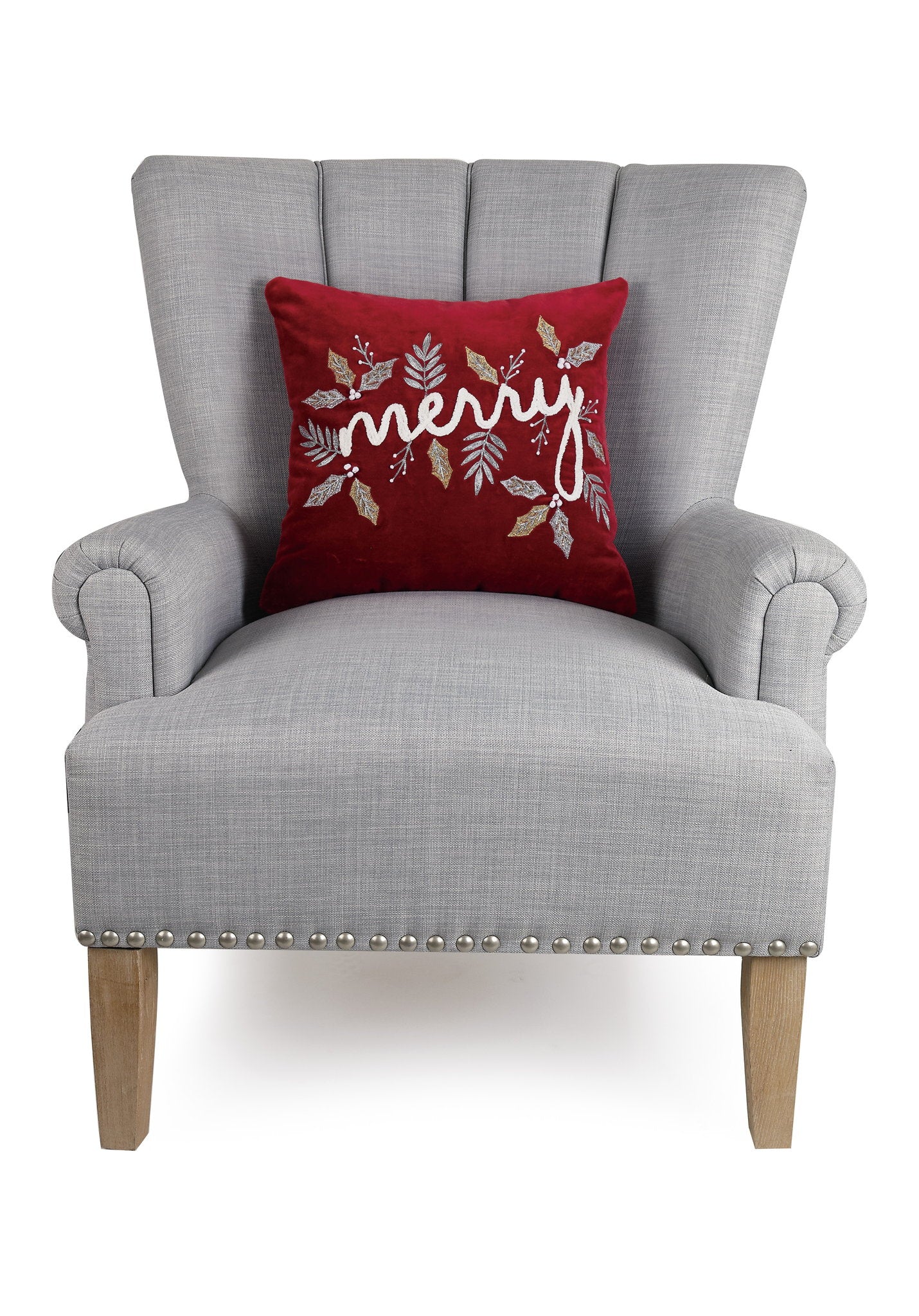 Gilded Merry Embroidered Christmas Throw Pillow on an armchair, showing the throw pillow at room scale, 16x16 inch