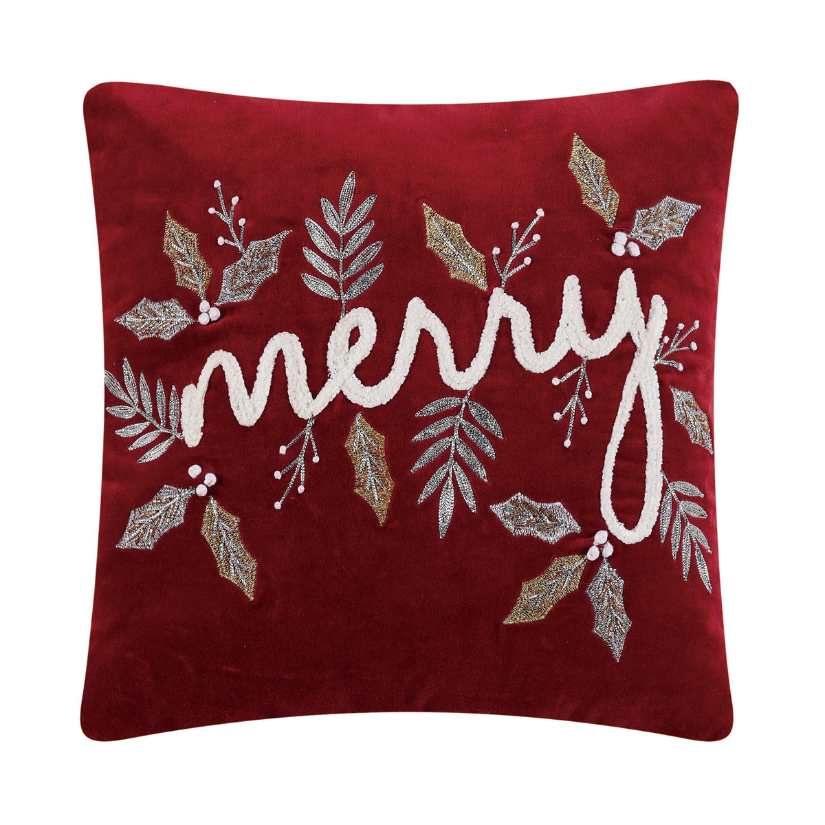 Gilded Merry Embroidered Christmas Throw Pillow, 16x16 inch, front view