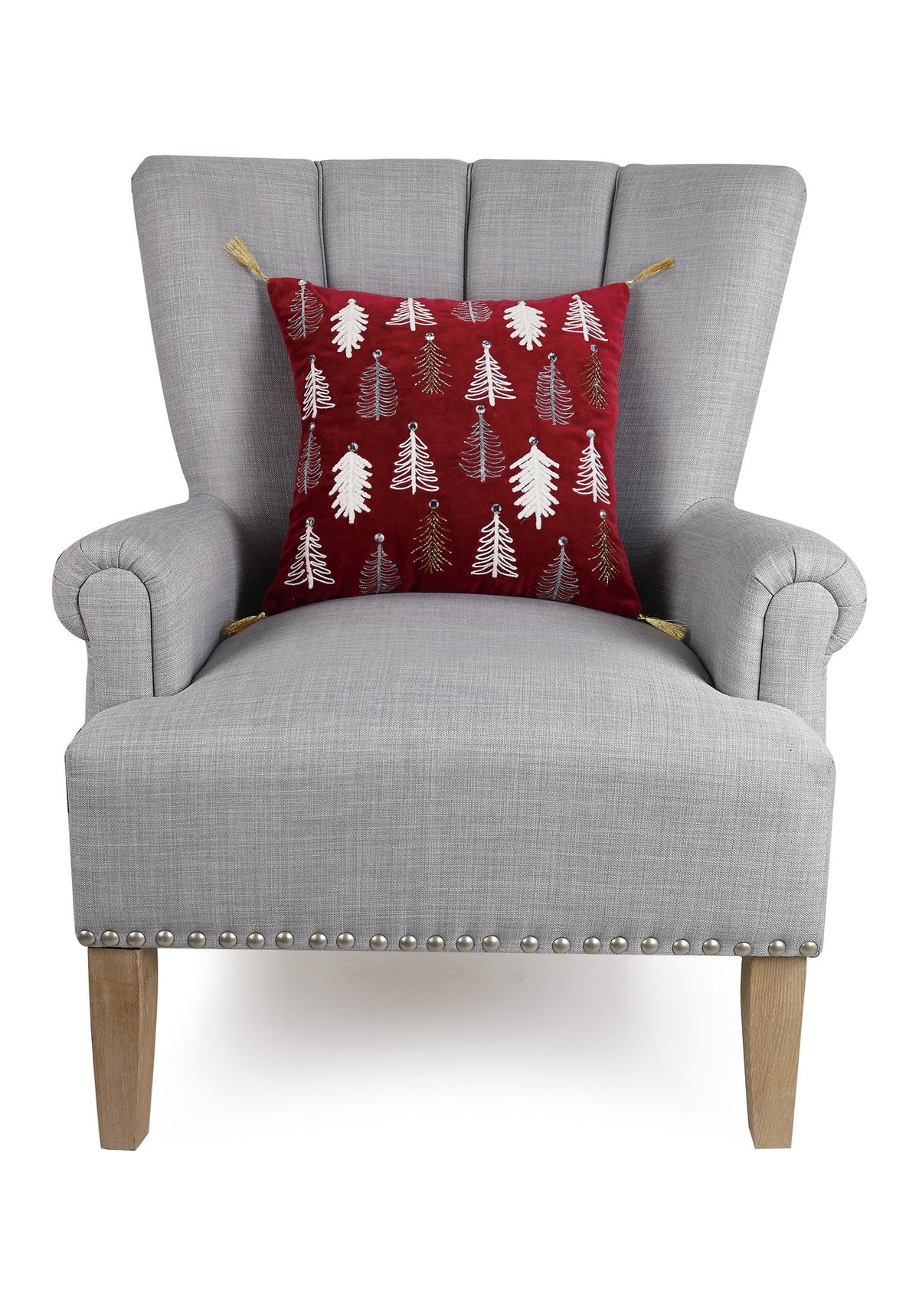 Gilded Trees Embroidered Christmas Throw Pillow on an armchair, showing the throw pillow at room scale, 16x16 inch
