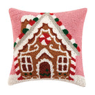 Gingerbread House Candycane Hooked Wool Christmas Throw Pillow, 14x14 inch, front view