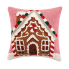 Gingerbread House Candycane Hooked Wool Christmas Throw Pillow, 14x14 inch, front view
