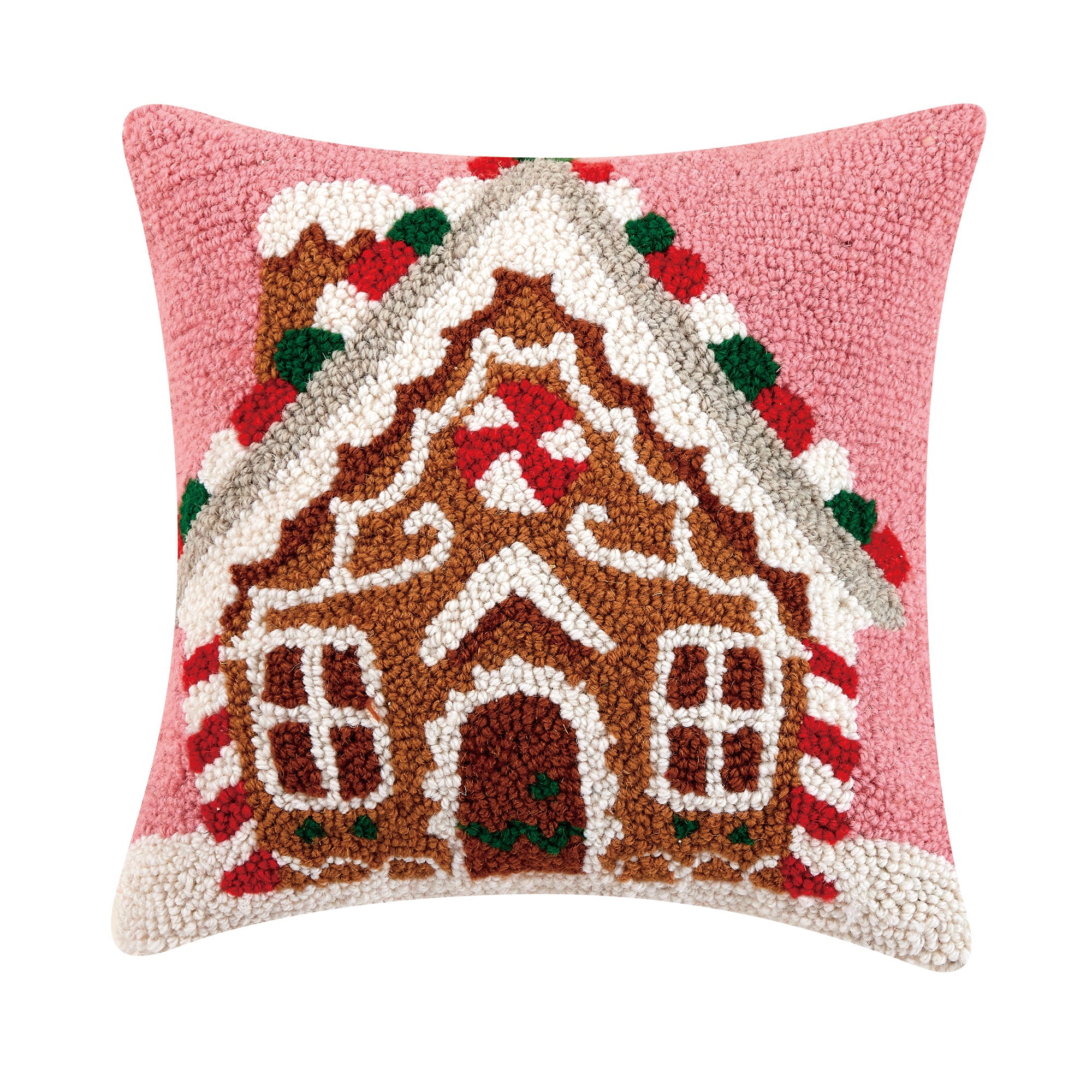 Gingerbread House Candycane Hooked Wool Christmas Throw Pillow, 14x14 inch, front view