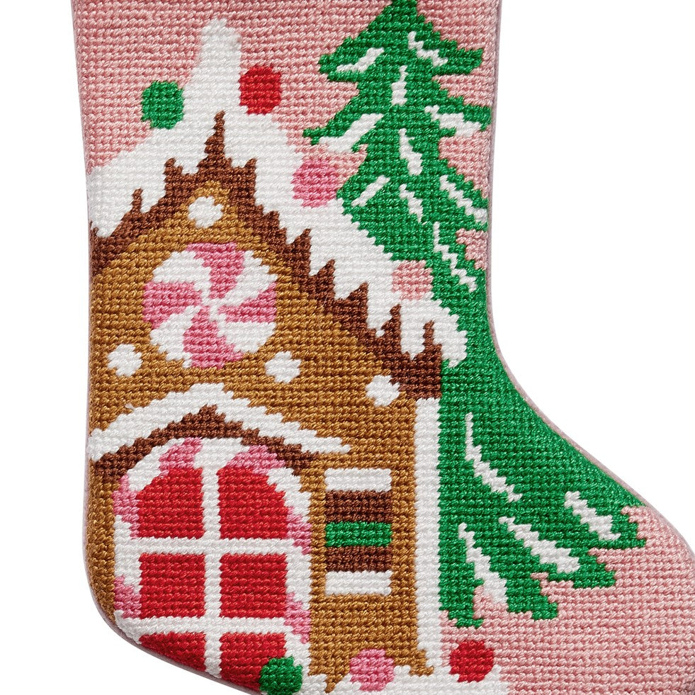 Gingerbread House Mini Embroidered Needlepoint Christmas Stocking, close-up detail