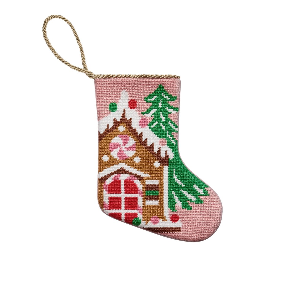 Gingerbread House Mini Embroidered Needlepoint Christmas Stocking, 6x4 inch, front view