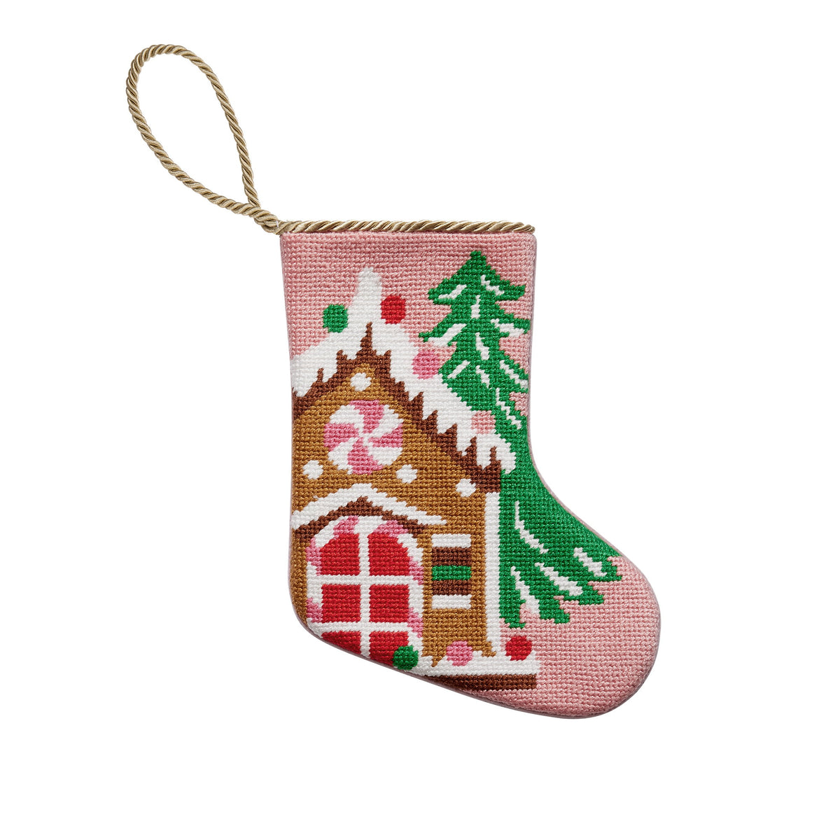Gingerbread House Mini Embroidered Needlepoint Christmas Stocking, 6x4 inch, front view