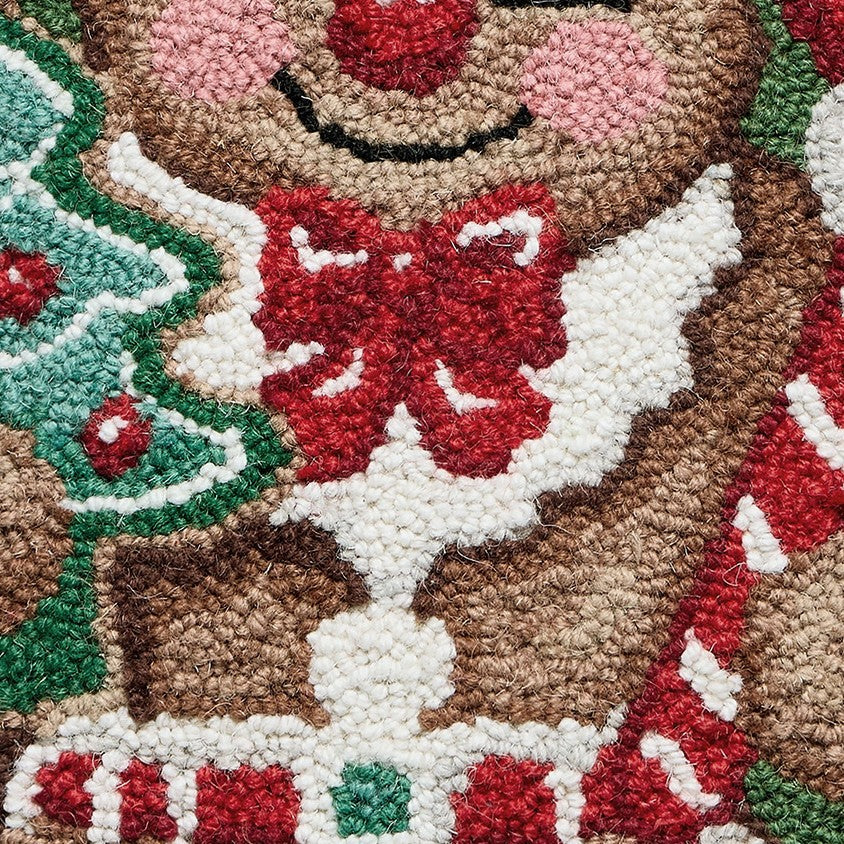 Gingerbread Man Hooked Wool Christmas Throw Pillow, close-up detail