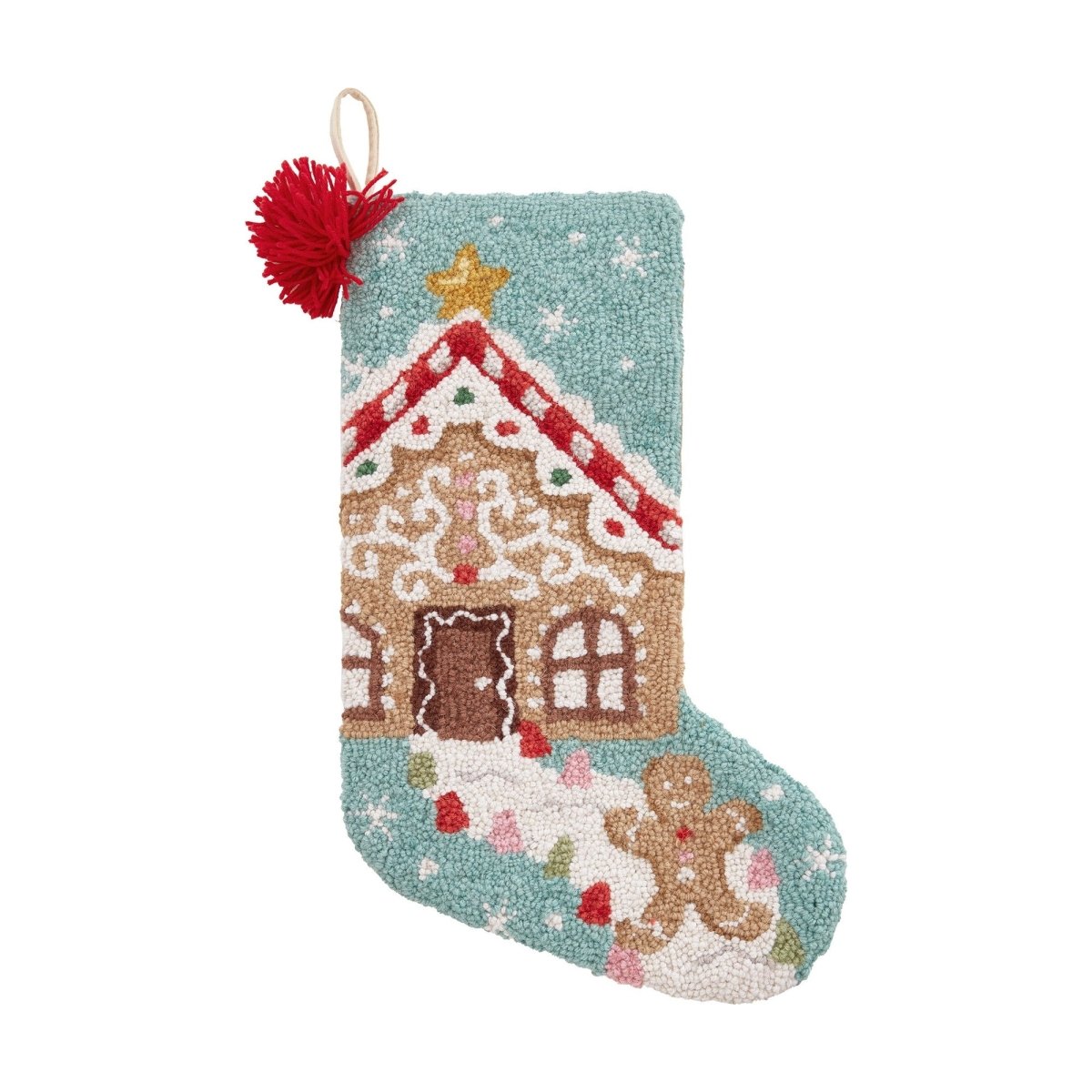 Gingerbread with Tassel Hooked Wool Christmas Stocking, 12x20 inch, front view