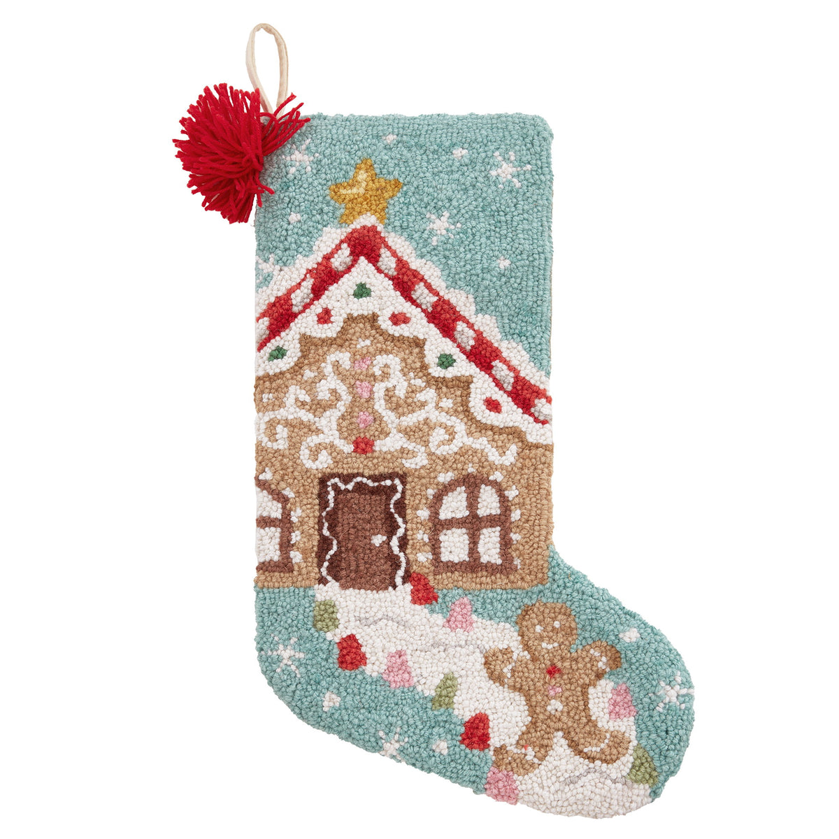 Gingerbread with Tassel Hooked Wool Christmas Stocking, 12x20 inch, front view