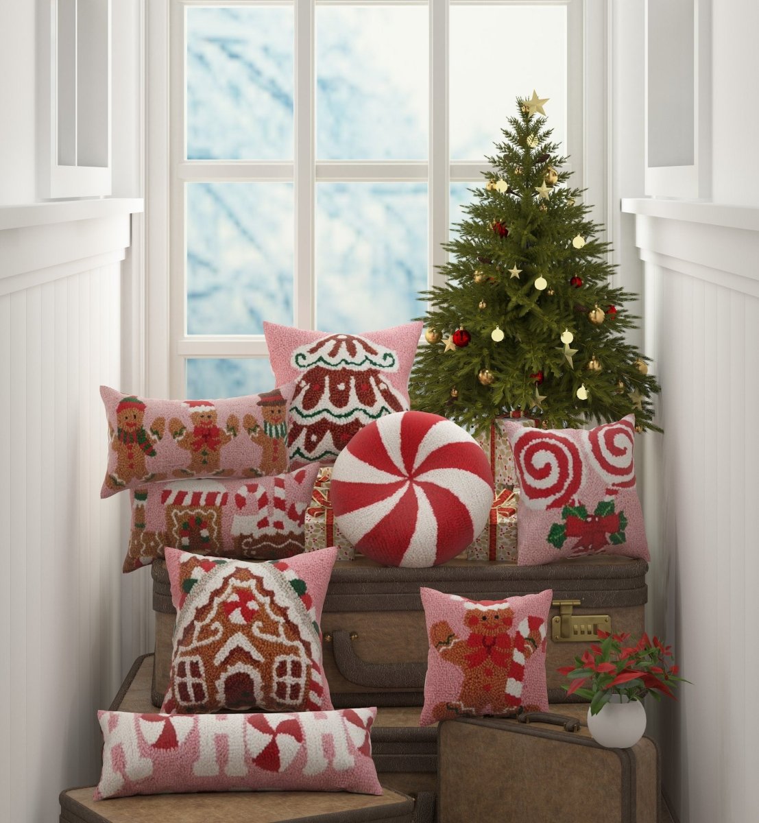 Gingerbreads Group Three Hooked Wool Christmas Throw Pillow shown alongside other designs in the same collection, 9x16 inch