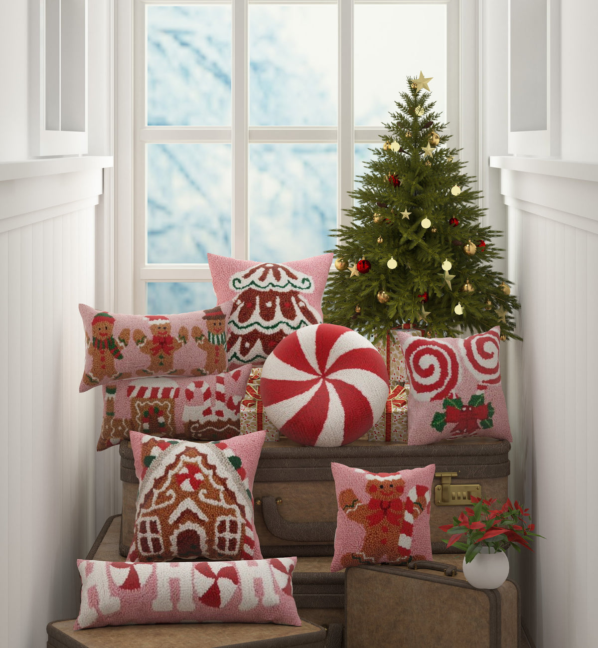 Gingerbreads Group Three Hooked Wool Christmas Throw Pillow shown alongside other designs in the same collection, 9x16 inch