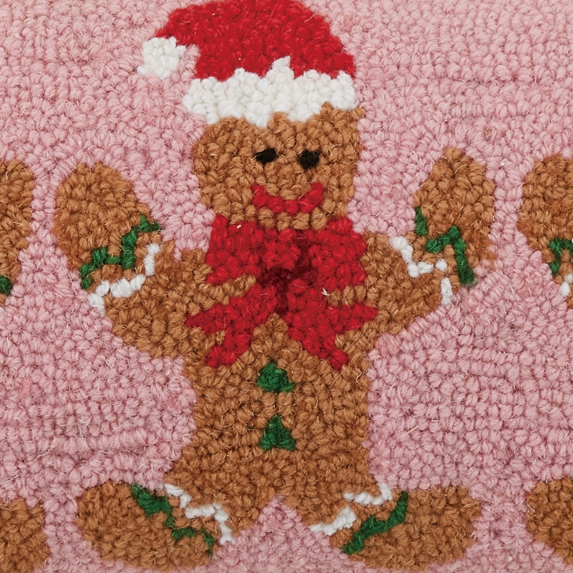 Gingerbreads Group Three Hooked Wool Christmas Throw Pillow, close-up detail