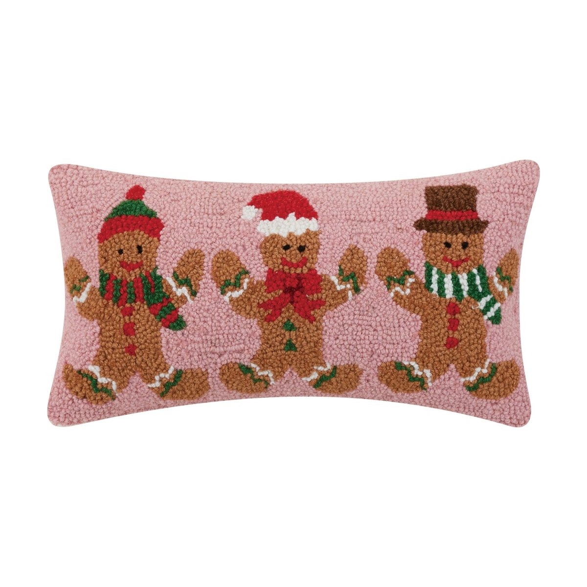 Gingerbreads Group Three Hooked Wool Christmas Throw Pillow, 9x16 inch, front view