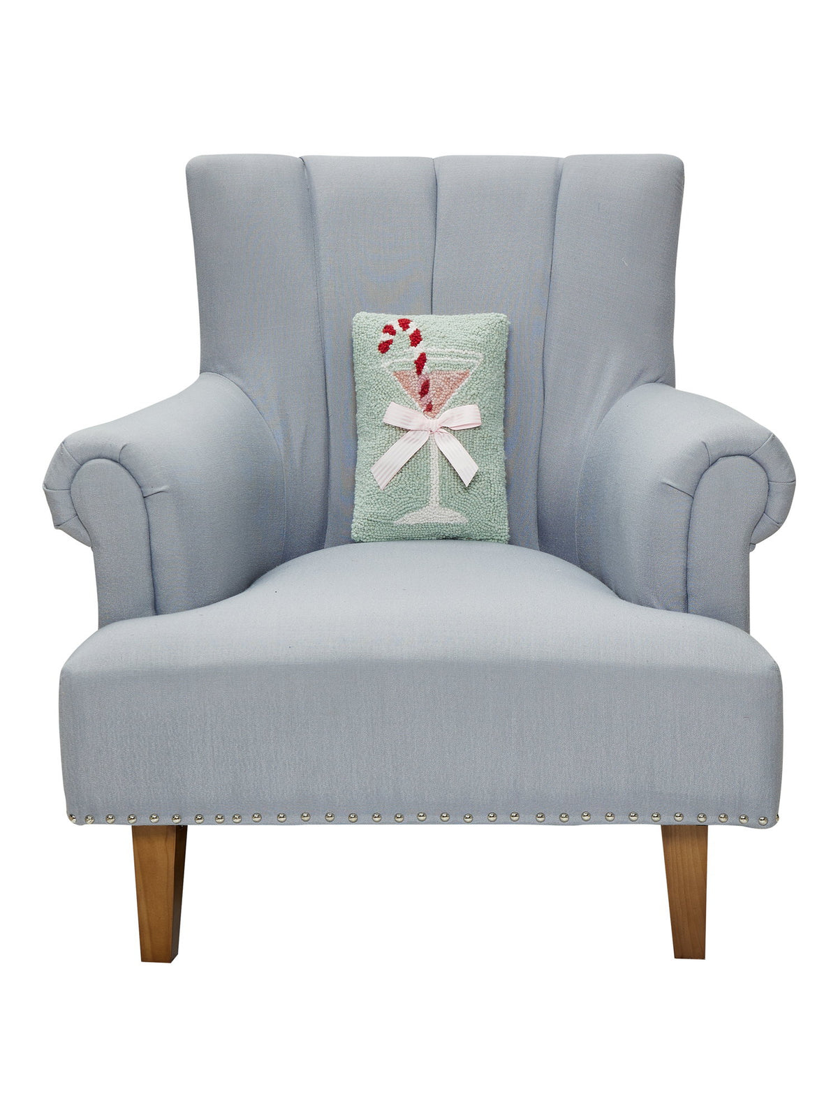 Gingham Bow Martini Glass Hooked Wool Christmas Throw Pillow on an armchair, showing the throw pillow at room scale, 8x12 inch